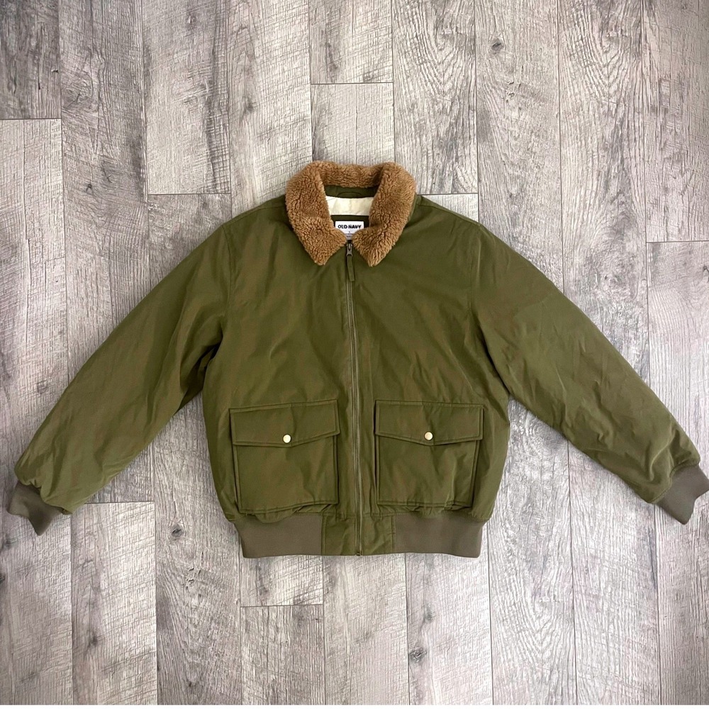 Old Navy Mens Olive Green Bomber Flight Jacket Faux Shearling Collar Large L
